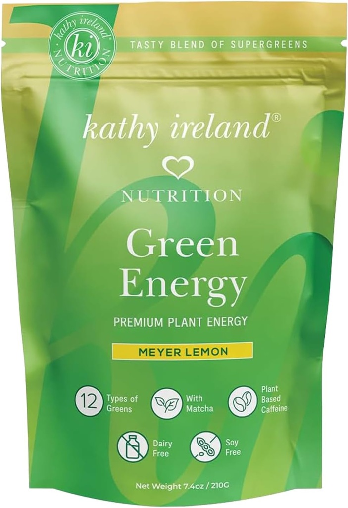 Kathy Ireland Super Greens Energipulver, Clean Energy Drink Bland med Matcha & Grønn Te, Immun & Digestiv Support Supplement, Ingen tilsatt sukker, Meyer Lemon Flavor, 7,4 oz