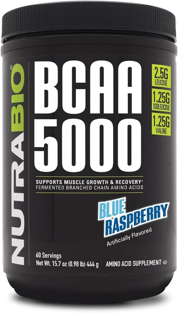 NutraBio BCAA 5000 pulver - vegansk fermentert BCAA - støtter lean muskelvekst, gjenoppretting, utholdenhet - 60 serveringer - Blå bringebær