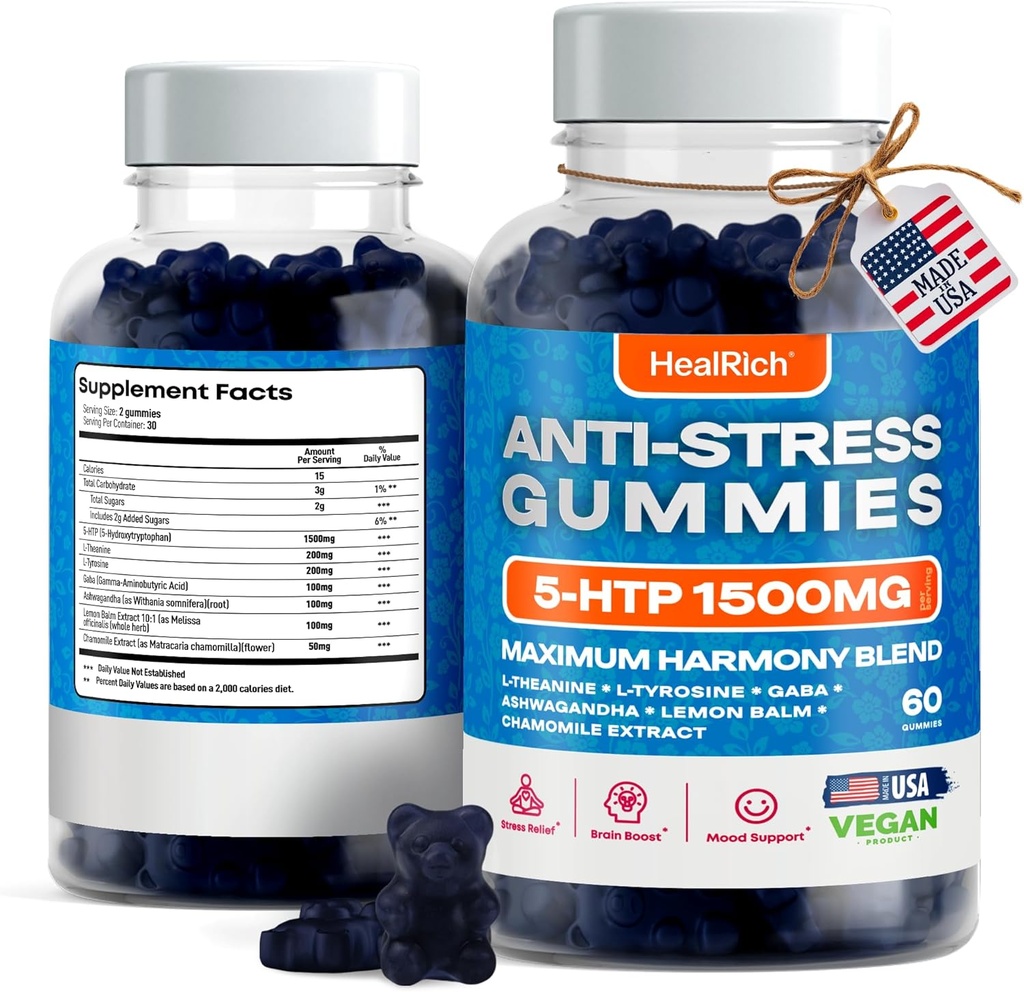 Stress Relief Gummies - 1500MG 5HTP med L-Theanine Gaba & L-Tyrosin - Ashwagandha Herbal Supplement støtter immateriell varsling Vegan Brain Mood Boost kosttilskudd for barn og voksne laget i USA