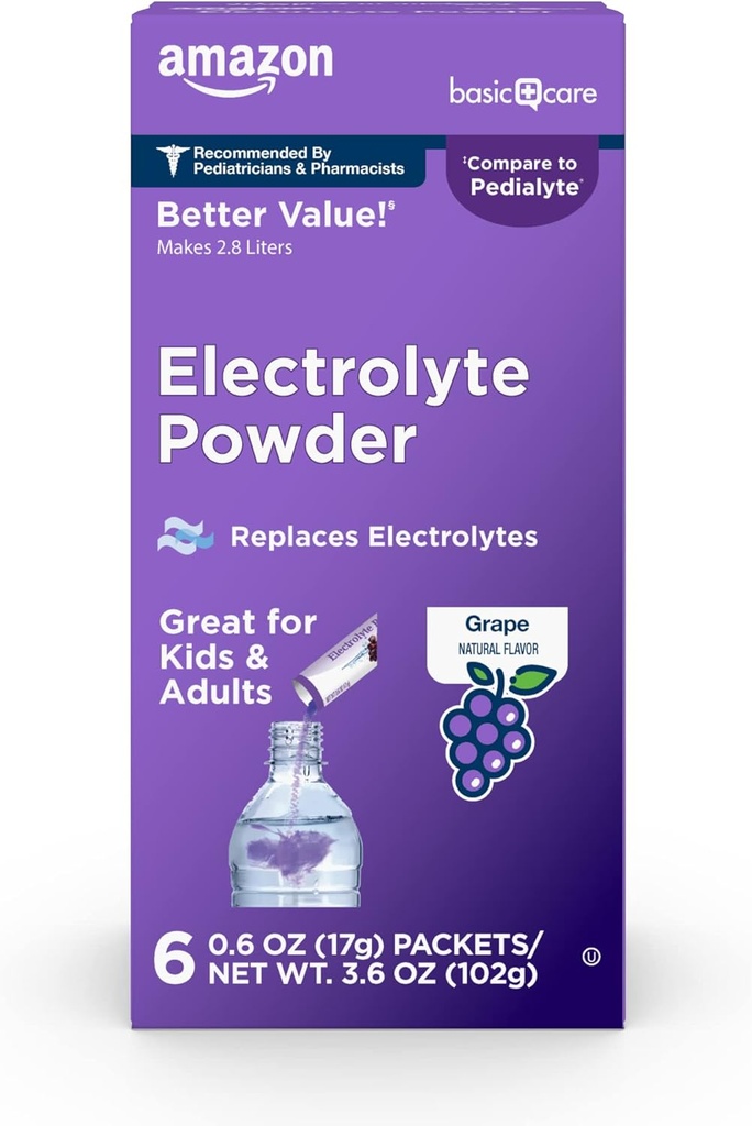 Basic Care Elektrolytte pulverpakker for rehydrering for barn og voksne, Grape Flavor, 6 greve (pakke med 1)