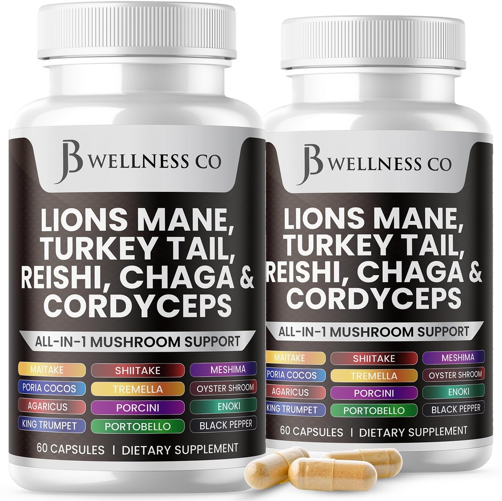 Lions Mane Supplement Kognitiv støtte, immun helse med Tyrkia Tail 20in1 Mushroom Reishi Cordyceps Chaga med Marshmallow Root - 120 greve