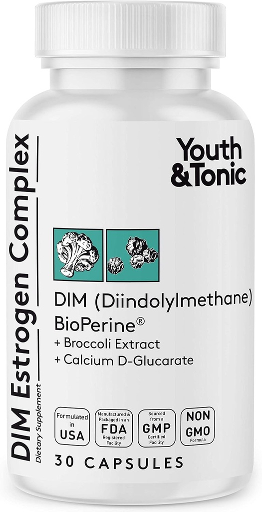 Ungdom & Tonic DIM BioPerine for estrogenmetabolisme støtte | kvinner og menn hormonbalanse med overflødig østrogenblokker | Diindolmetan Supplement - 30 piller