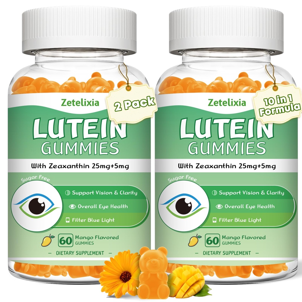 2 pakke lutein gummies 25 mg, sukker gratis lutein Zeaxanthin Supplements Gummier, øyenhelse Supplement for voksne, øye vitaminer Lutein for visjon og blått lys beskyttelse, Mango Flavor, 120 greve