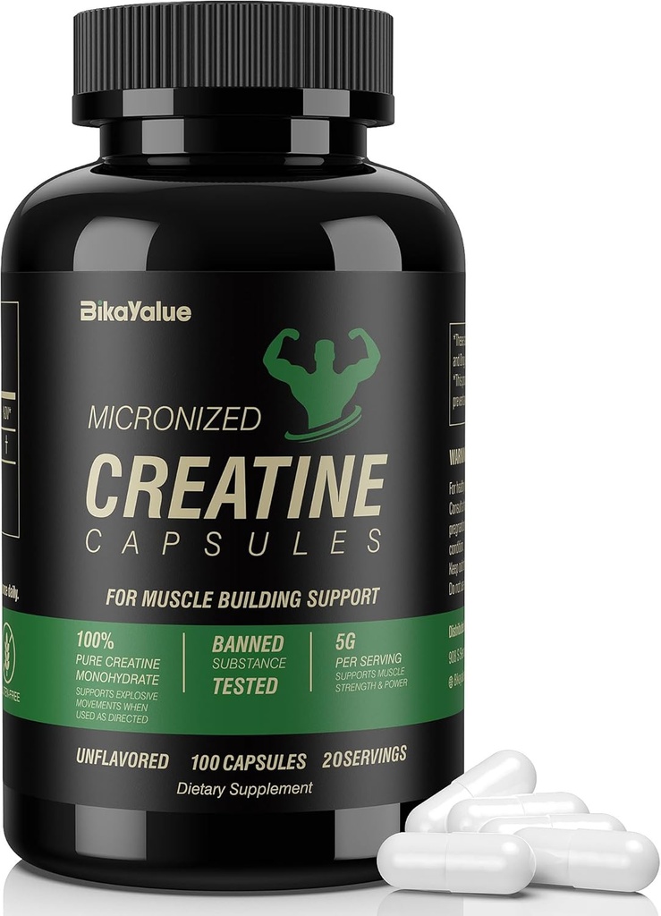 Mikronisert Kreatin Monohydrat Kapsler, Kreatin Kapsler Supplement for muskel, styrke, ytelse, energi, utvinning, Glutenfri kreatin for kvinner og menn, 100Kapsules (20 Serveringer)