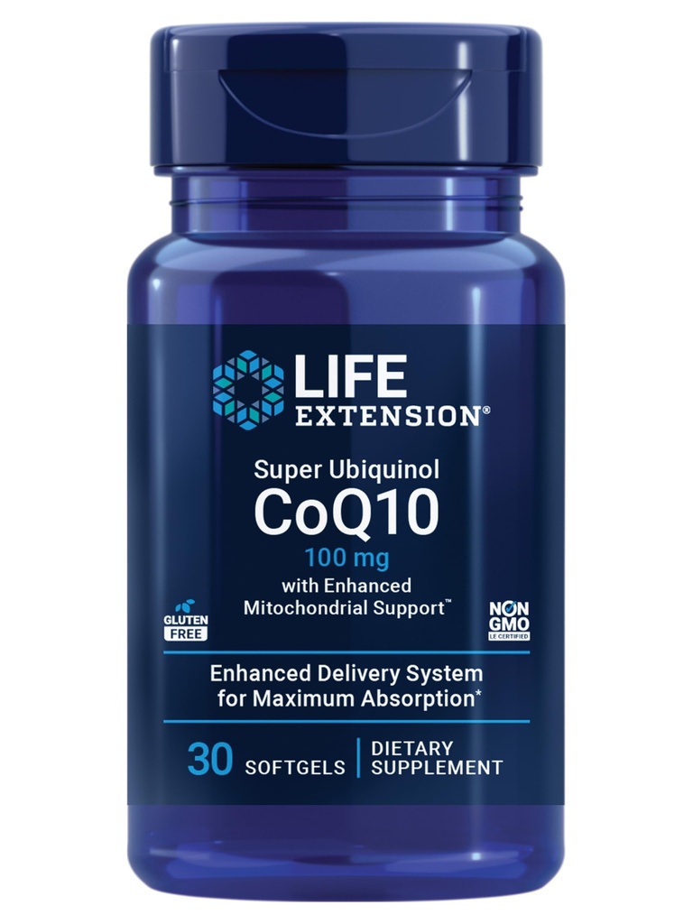 Livsforlengelse Super Ubiquinol CoQ10 med forbedret Mitochondrial SupportTM, hjertehelsetilskudd, maksimal absorpsjon, 100 mg, ikke-GMO, Glutenfri, 30 mykgel