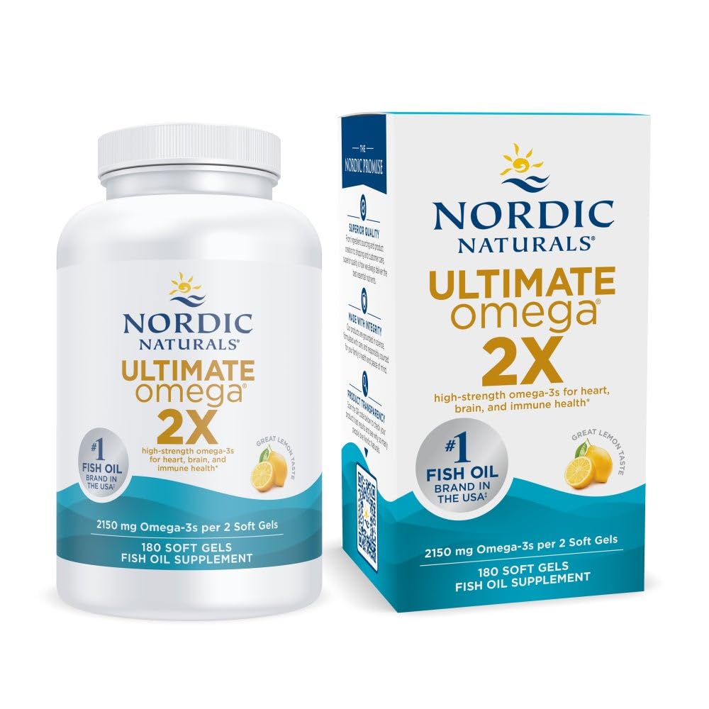 Nordic Naturals Ultimate Omega 2X, Lemon Flavor - 180 Soft Gels - 2150 mg Omega-3 - HøyPotency Fish Oil med EPA & DHA - fremmer hjerne- og hjertehelse - Ikke-GMO - 90 Services