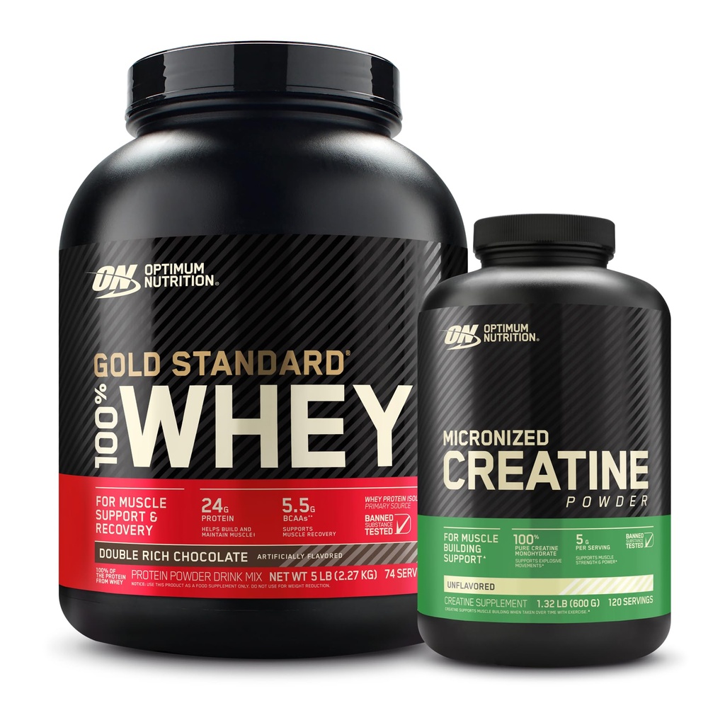 Optimum ernæring 100% gull standard Whey Protein pulver: dobbelrik sjokolade (5 pund) med mikronisert kreatinmonohydrat pulver, uflavorert (120 serveringer) - Bundle Pack