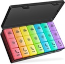 BUG HULL Pill Organizer 3 ganger om dagen, stor ukentlig medisin Pill Organizer 3X om dagen, 7 dagers piller Box Cases Morgenaften for vitamin, Cod-Liver Oil, Kosttilskudd (Rainbow Black)