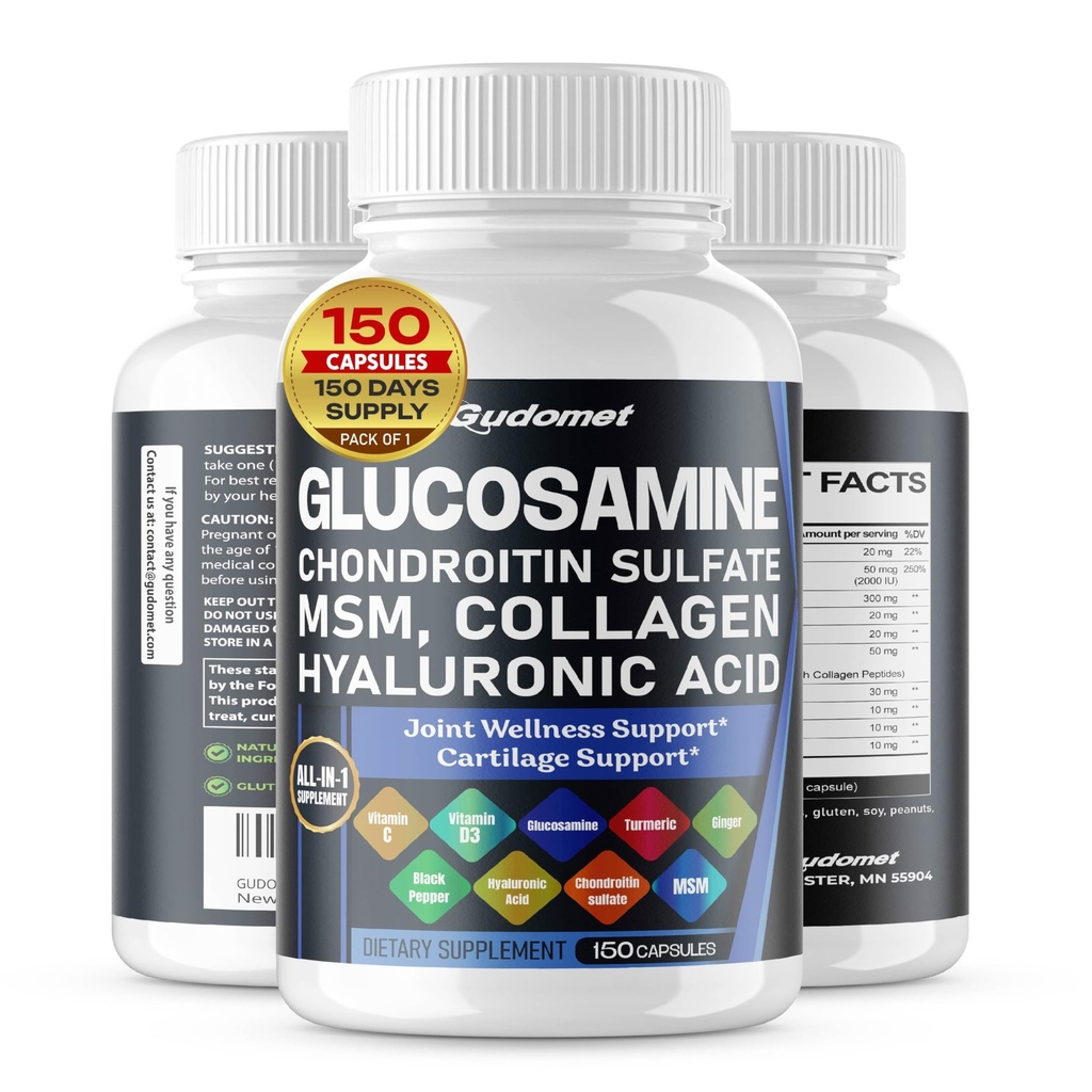 Glukosamin Chondroitinsulfat Metylsulfonylmetan Hyaluronsyre Turmeric Ginger Vitamin C, D3, Svart Pepper - 150 kapsler-laget i USA
