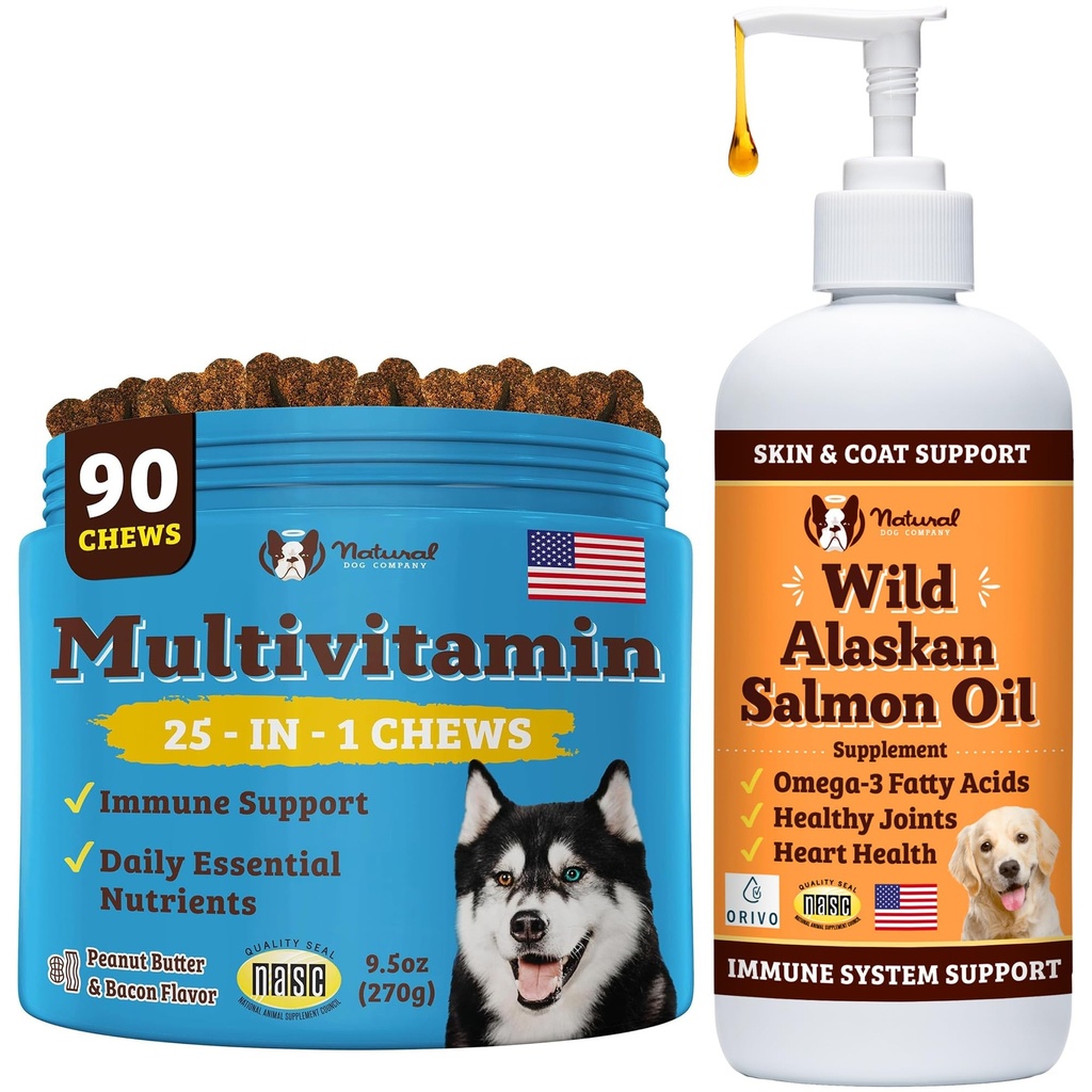 Naturlig hundeselskap velvære Bundle for hunder, lakseolje for hunder, multivitamin og kosttilskudd