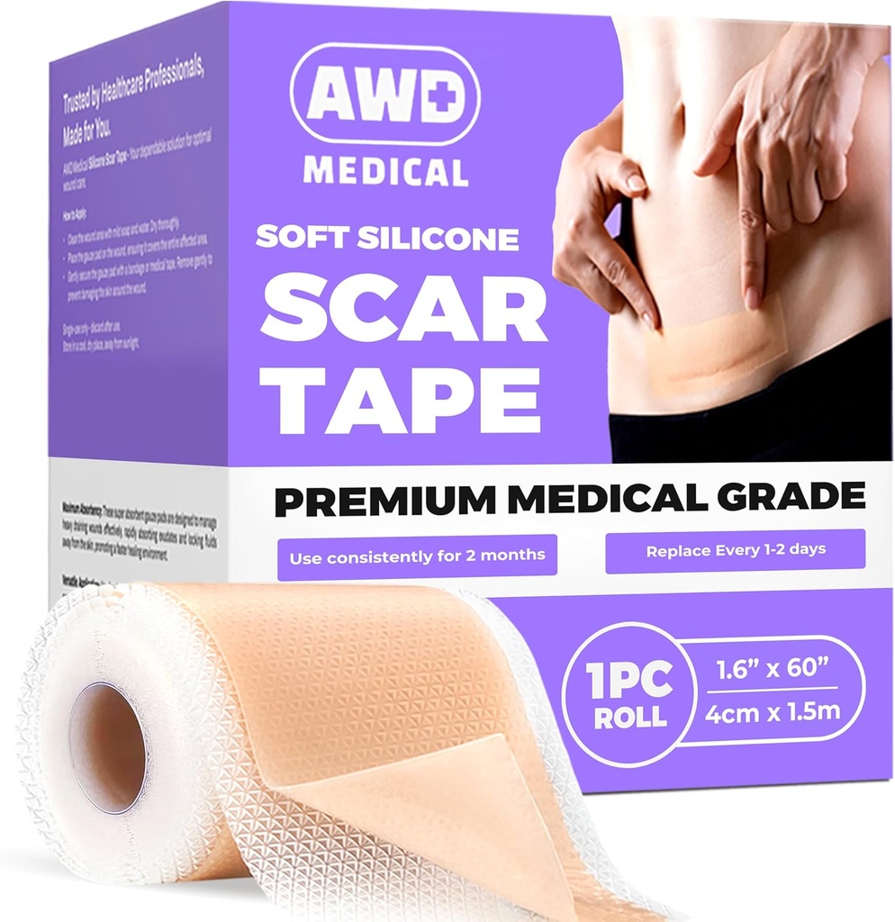 AWD Silikon Scar Sheets for kirurgiske arr - sømløs medisinsk klasse silikon Scar Tape for C Seksjon, Tummy Tuck Tape - Silikon hud lapper etter kirurgi må ha (1,6" x 60" sømløs Roll)