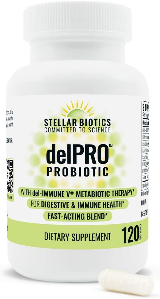 Del-Immune V® + Delpro Probiotic & Prebiotic Blend av Stellar Biotics - Fremmer Optimal Gut Health, Digestion, Immune Support & Mood (120 Kapsler)
