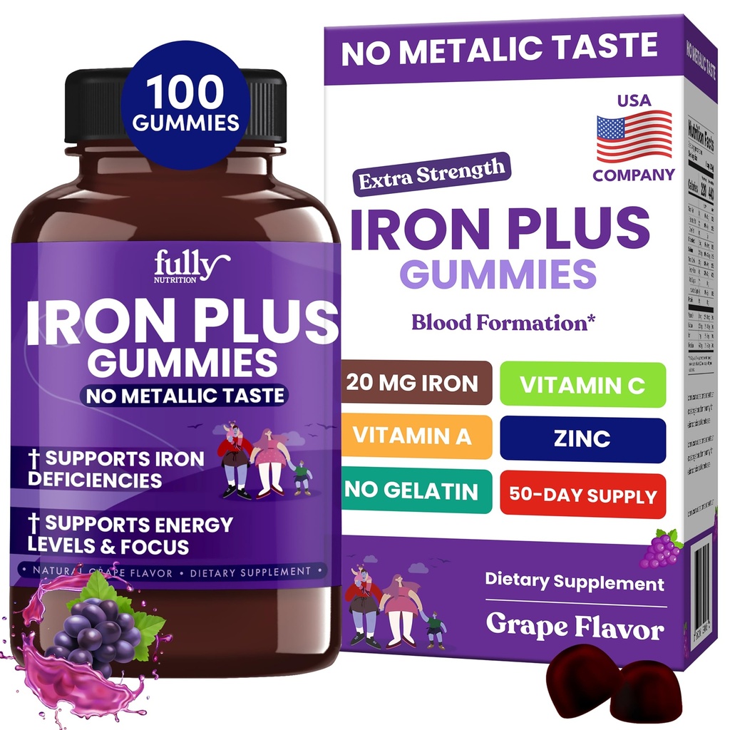 Jern Gummies Kosttilskudd for kvinner, menn og barn - Helse Blod og energi Støtte for jernmangel, Anemi, Nei Etter smak-frisk Grape Flavor- 100 Gummies (50 dagers forsyning)