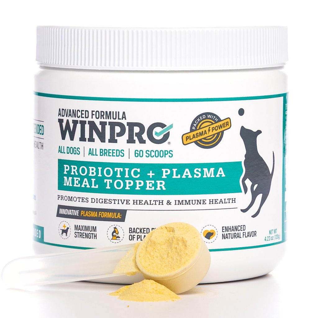 WINPRO Hund Probiotic Powder Meal Topper, Spray tørket plasma med prebiotika og probiotika for digestiv støtte og Gut Helse for hunder, alle avler, aldre, og størrelser, 60 Scoops, laget i USA