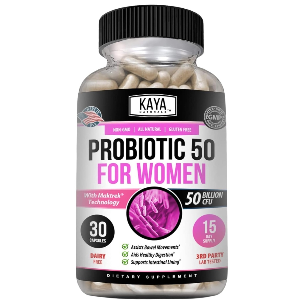 Kaya Naturals Probiotic 50 Million CFU - Probiotika for kvinner, Probiotika for menn og voksne, Naturlig - Gut Helse og immunstøtte Supplement - gir digestiv støtte - 30 Grønnsaker Kapsler