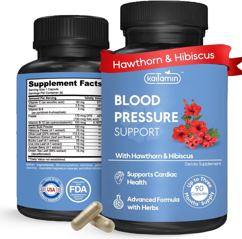 Supplement for blodtrykk – Naturlig hawthorn, Hibiscus, hvitløk og olivenløv – hjertehelse og sirkulasjonsstøtte – B12, B6 – Vegan, ikke-GMO – 90 Caps (3-måneders forsyning)