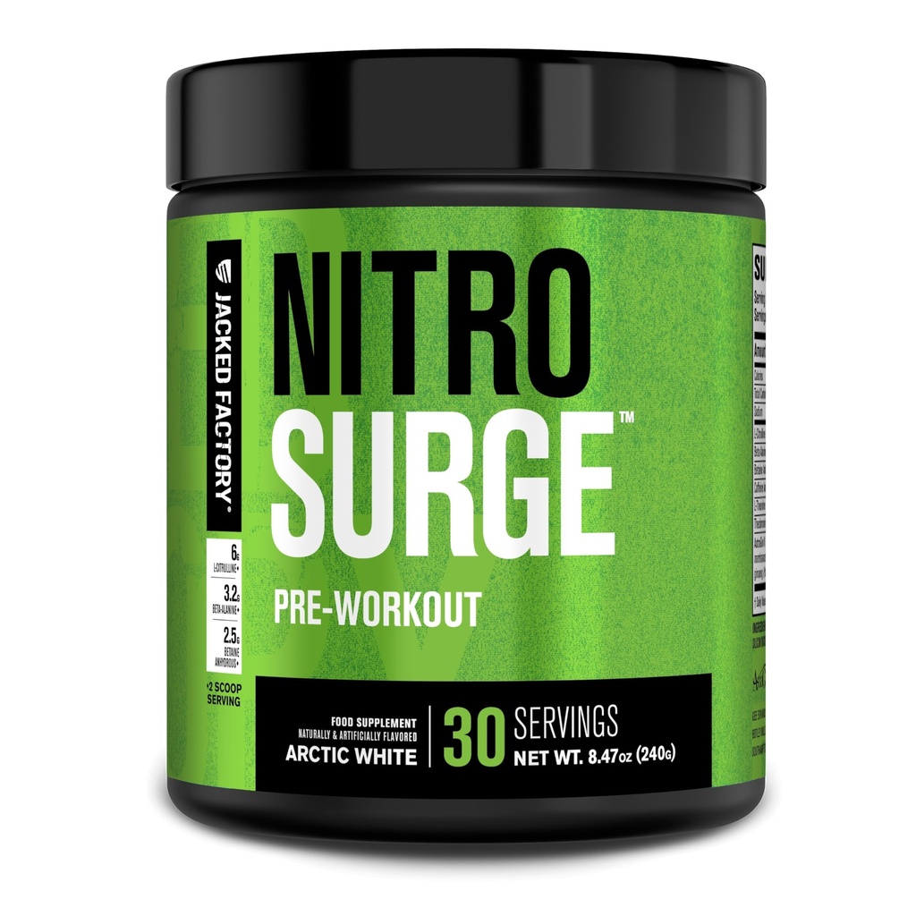 Jacked Factory NITROSURGE Pre Workout Supplement - Endless Energy, Instant Strength Gains, Clear Focus, Intense Pumper - Ingen Booster & Kraftig Preworkout Energipulver - 30 Serveringer, Arctic White