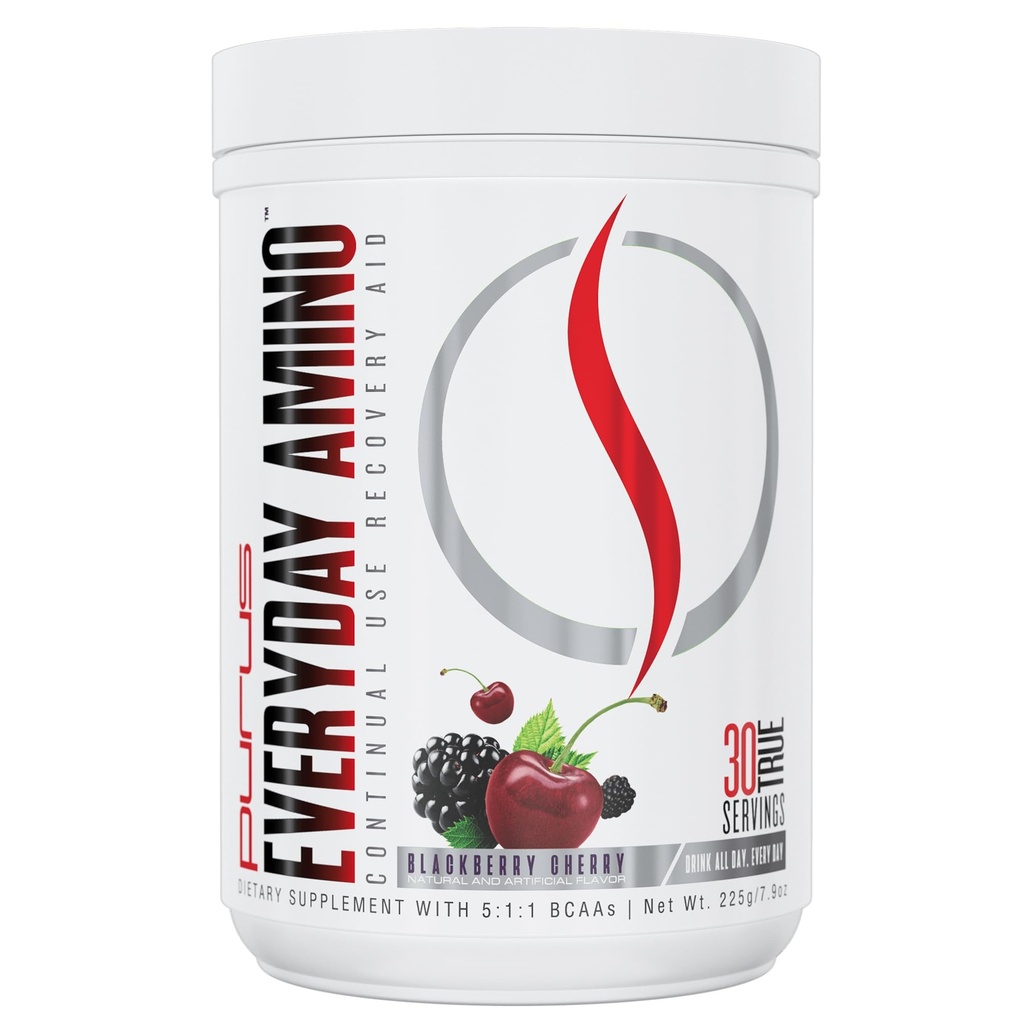 Purus Labs Hver dag Amino BCAA pulver | Aminosyrer for muskelhydrasjon og gjenoppretting | Sukker gratis og glutenfri | 30 serveringer (BlackBerry Cherry)