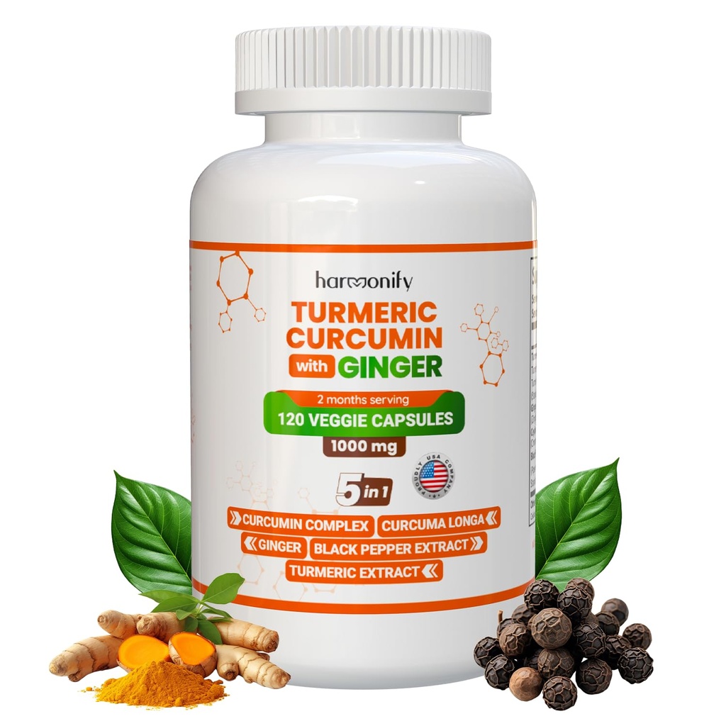 Turmerisk curcumin Supplement med Ginger, Ceylon kanel og svart pepper kompleks 5 i 1 formel, Curcuma Longa, Max absorpsjon, 1000 mg, 120 urteekstrakt kapsler