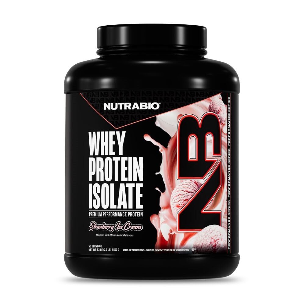 NutraBio 100% Whey Protein Isolate Protein Powder, 25g Protein med komplett Aminosyre Profil, Soja og Glutenfri, Lav carb og Lav Calorie Whey Protein Powder, Jordbær Iskrem, 5 Lbs.