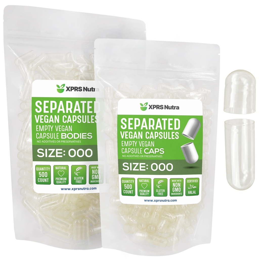 XPRS Nutra Vegan Størrelse 000 separate kapsler- 500 greve Premium tomme Caps Separert i poser - Clear Tom Capsules - 000 piller for DIY Supplement Fylling