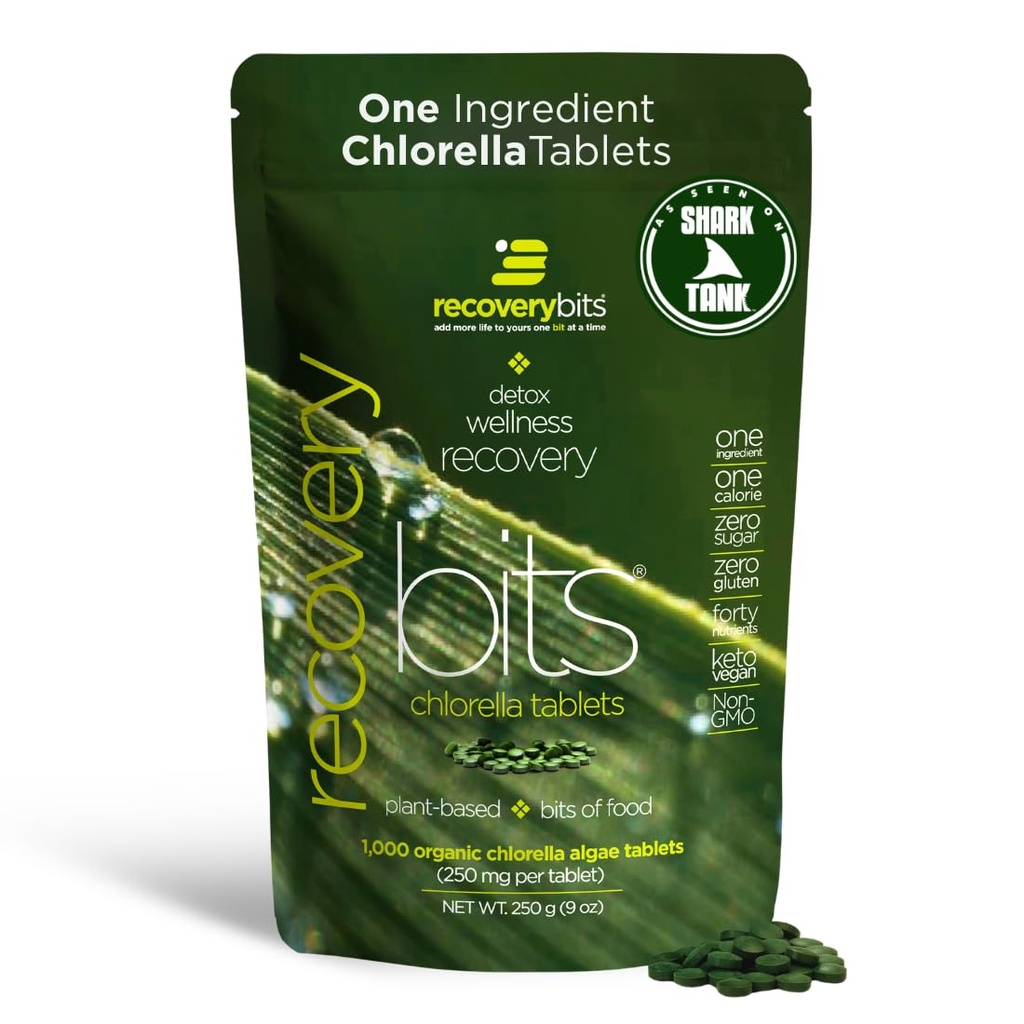 RECOVERYbits - Organic Chlorella Tabletter - Plant-baserte Algae Superfood - Klorofyll - Cracked Cell Wall - Energi - Immunsystem - Detox - Keto - Vegan - Ikke-GMO - Stor Bag - 1000 Tabletter