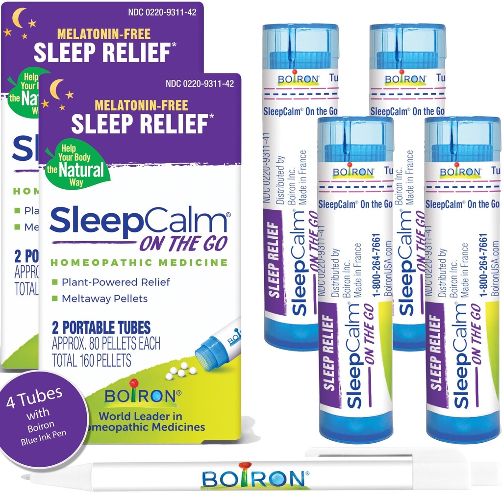 Boiron SleepCalm på farten søvnhjelp for dyp, avslappende, hvilelig nattesøvn - Melatonin-fri og ikke habitforming - 80 greve per tube - 4 rør med blå penn
