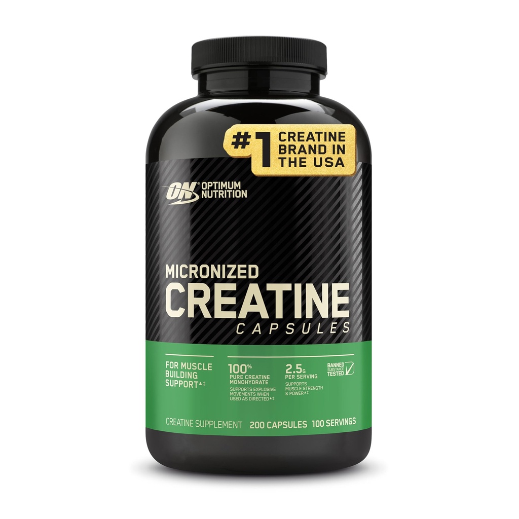 Optimum Nutrition Micronized Kreatin Monohydrat Capsules, Keto Vennlig, 2500mg, 200 kapsler (Packing May Vary)