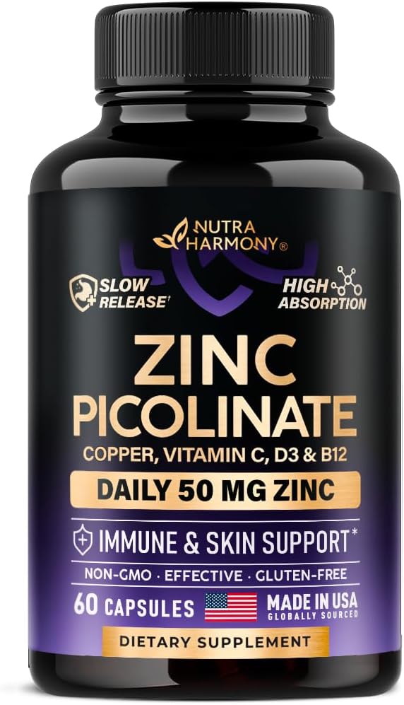 Sink Picolinate 50mg - Sink Supplement med kobber, vitamin D3 & B12 - Magevennlig | Slow release - Immun støtte og hud helse - høy absorpsjon med BioPerine & vitamin C - 60 Kapsler