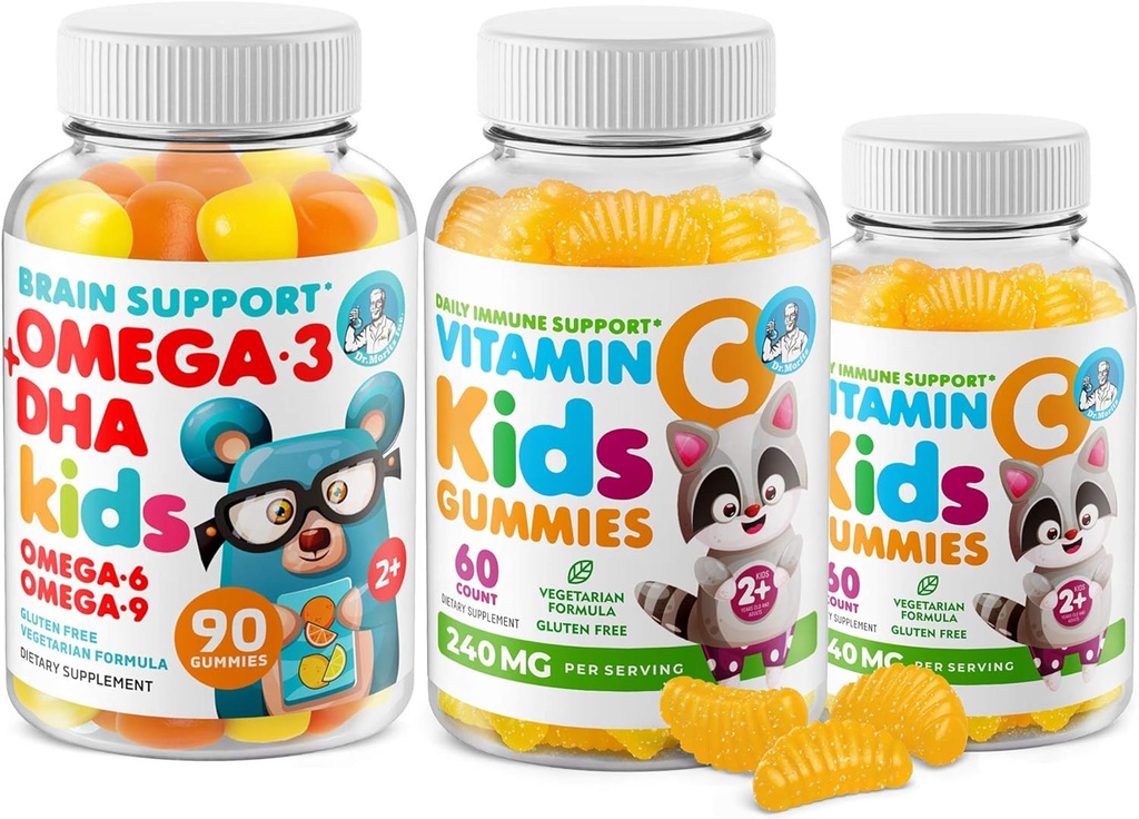 Omega-3 DHA Gummies & vitamin C Gummies for barn og voksne – immunstøtte, lavsugar, gelatin-fri, vegetarisk, Chewable Vitaminer for Toddlers