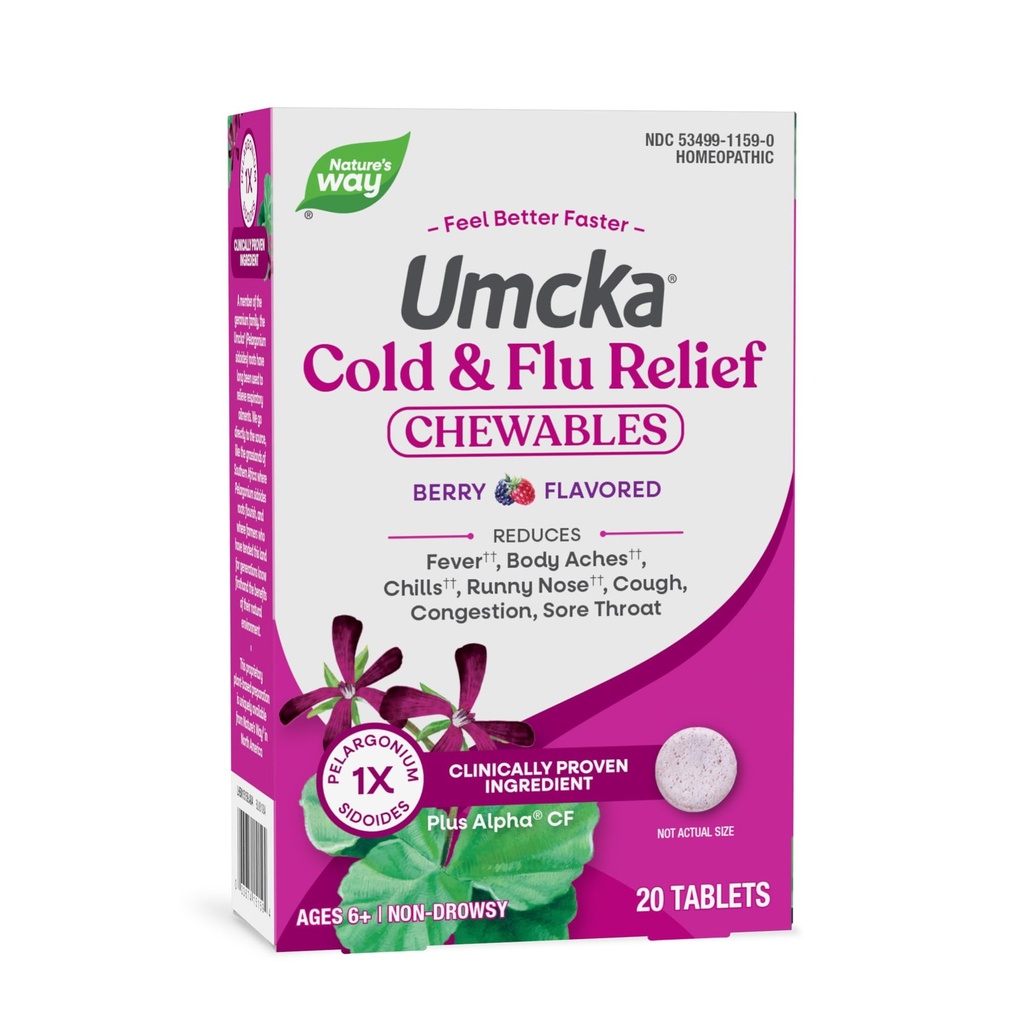 Naturens måte Cold+Flu Relief, Umcka, Shortens Varighet og reduserer severity, multi-Symptom Relief, Homøopatisk, Phenylephrine Free, Ikke-Drowsy, Berry Flavored, 20 Chewable Tabletter (Packing May Vary)