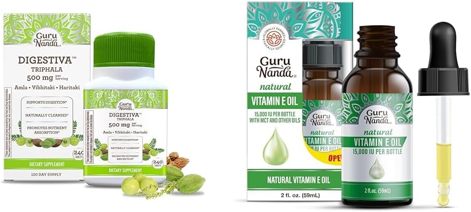GuruNanda Digestiva Tripala (240 Tabletter) & Vitamin E Olje (2 Fl Oz) - Støtter Digestion, Hjelper med Bloating & Blondiner, Diett Supplement med Amla, Haritaki & Bibhitaki
