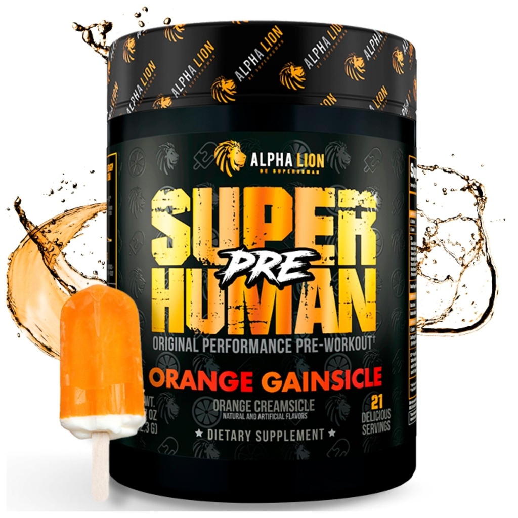 ALPHA LION Superhuman Pre Workout pulver, Beta Alanine, L-Taurin & Tri-kilde-kaffein for regenerert energi og fokus, nitrogenoksid og citrullin for pumpe (21 serveringer, orange gainsicle)