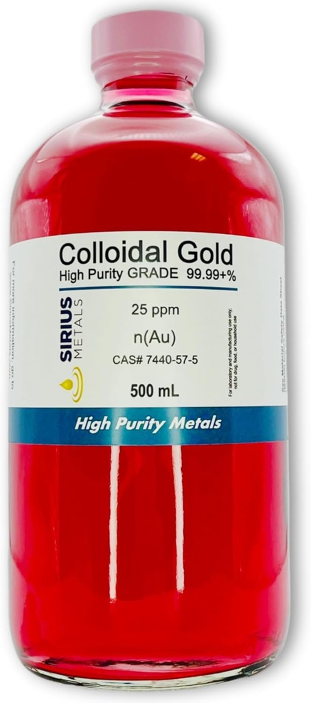 True Colloidal Gold – 25 ppm - 99,99+% Renhet - 500 ml (16,9 Fl Oz) i glassflaske - laget i USA