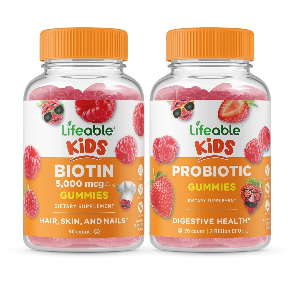 Livlig Biotin Kids + Probiotic 2 milliarder CFU Kids, Gummies Bundle - Great Tasting, vitamin Supplement, Glutenfri, GMO Gratis, Chewable Gummy