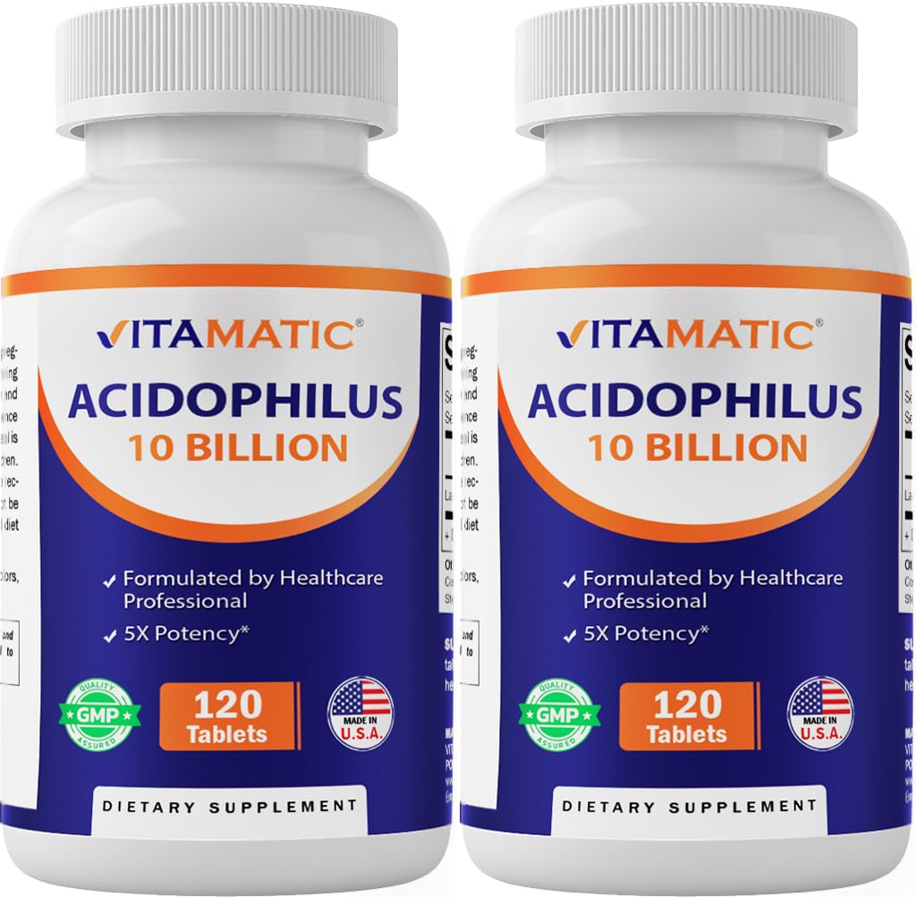Vitamatic 2 Packs Acidophilus Probiotic - 10 milliarder CFU - 120 tabletter - 5X Potens - Daglig Probiotic Supplement, støtter Digestive helse (Total 240 tabletter)