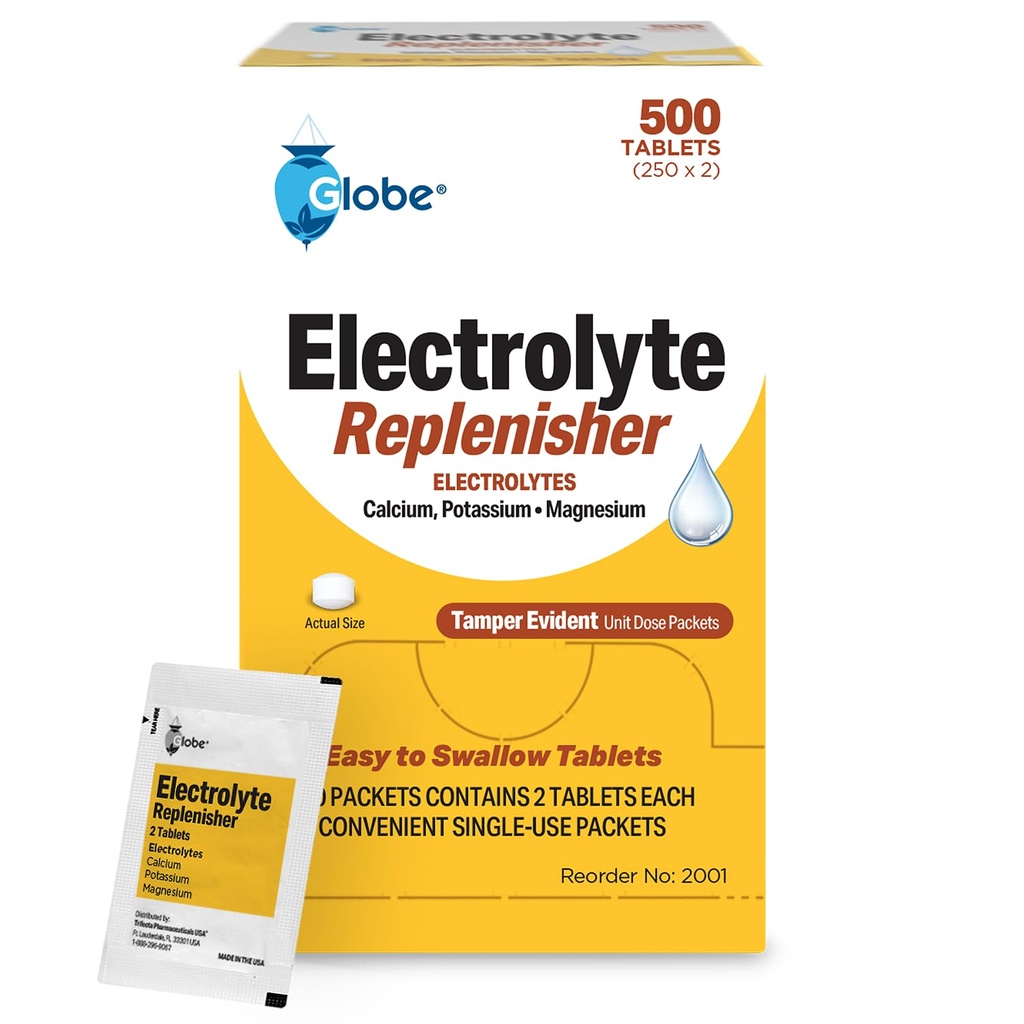 Globe Electrolyte Replacement Tabletter for Rapid Hydration & Trening Recovery (500 tabletter, 250 pakker med 2) for åleter, spaserturer og sport, reisepakker med viktige næringsstoffer for optimal utholdenhet