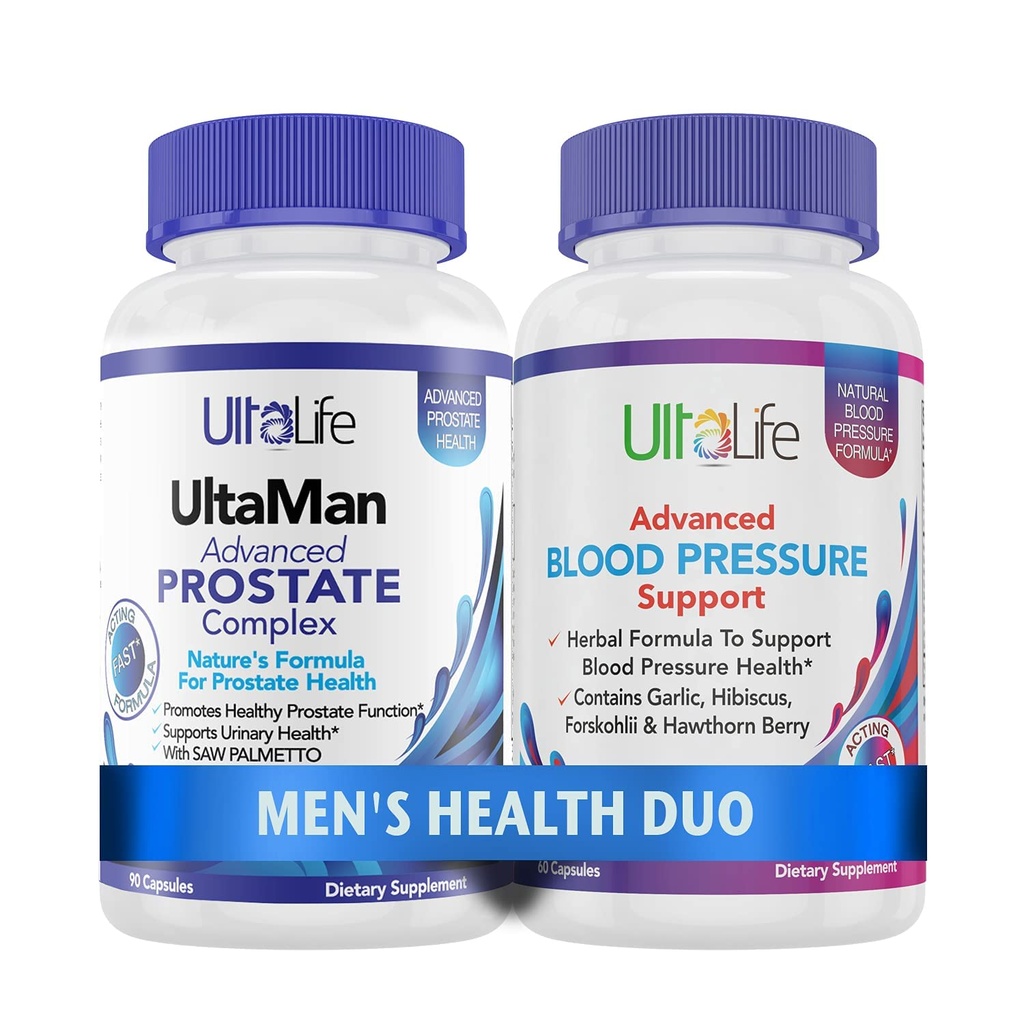 ULTALIFE menns helse Duo - 2 flasker - En prostata støttekompleks med såld Palmetto & Beta sitosterol & ett høyt blodtrykk Supplement med hvitløk og hawthorn Berry rask-aktuerende kapsler for menn