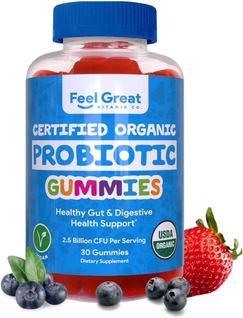 Feel Great USDA Probiotic Gummies for voksne og barn - 2,5 milliarder CFU (30 dag) | Immunstøtte og digestiv helse | klinisk studert DE111 - Bacillus subtilis