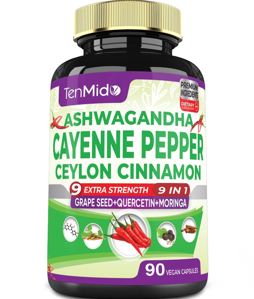 Cayenne Pepper Supplements Kapsler, 3 måneders Supply & Ashwagandha, Ceylon Cinnamon, Grape frø, Quercetin, Moringa, Ginkgo Biloba - hjerte velvære, fremmer Digestiv helse -90 Caps