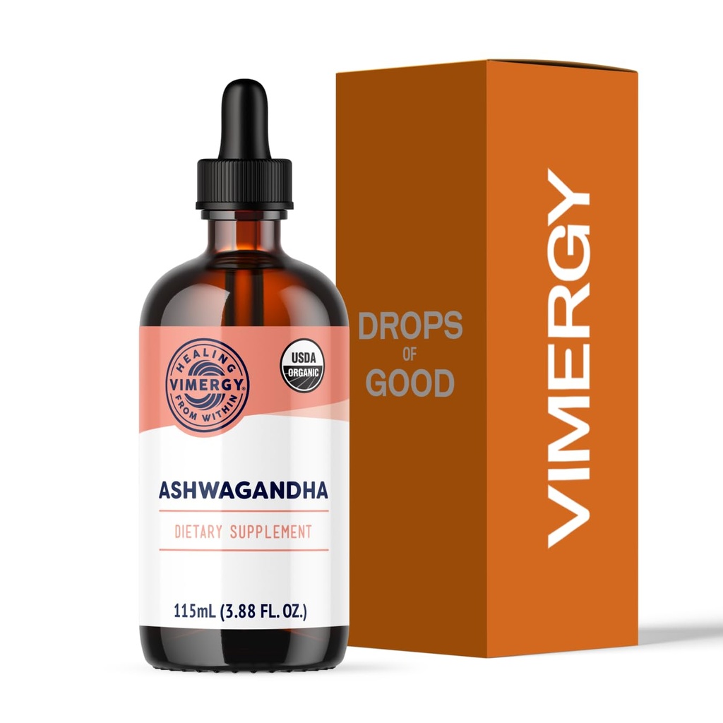 Vimergy USDA Organic Ashwagandha Liquid Extract, 57 Serveringer – Stress Supplement Drops – Adaptogen - Støtter Kognitiv funksjon – søvnstøtte – alkoholfri, ikke-GMO, Vegan & Paleo Vennlig (115 ml)