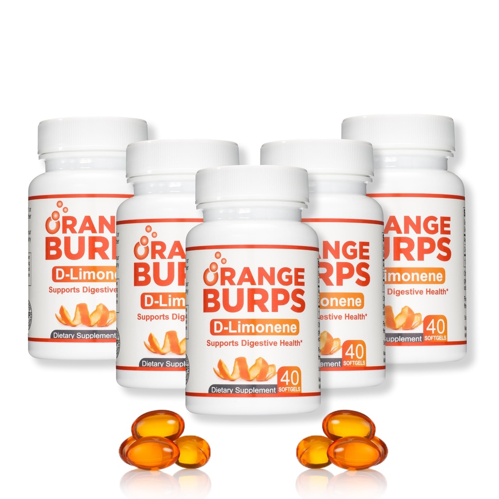 Orange Burps D-Limonen Supplement - Acid Reducer (Antsyre for syre Reflux), Heartburn Relief, GERD Relief, og Indiestion Relief | Orange Peel Ekstrakt for helse og velvære (1000 mg, pakke med 5)