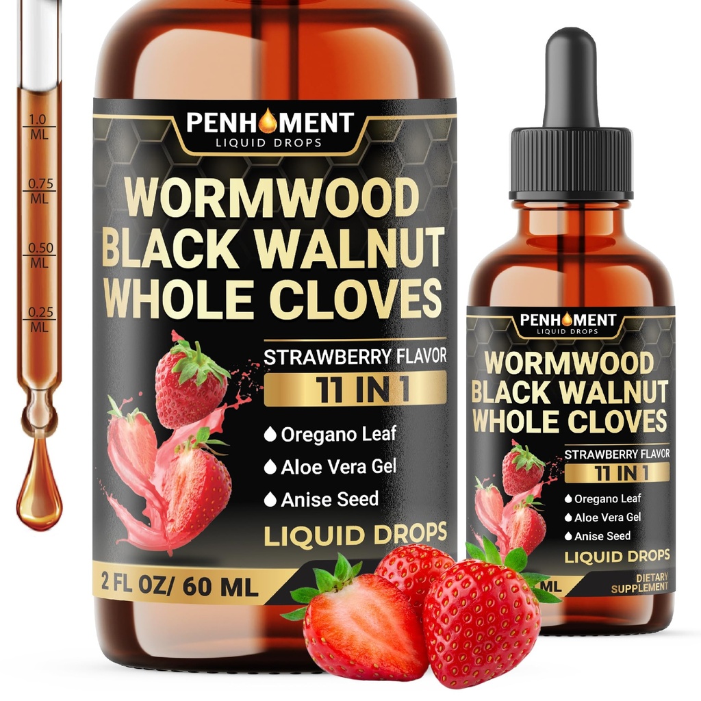 11in1 Wormwood flytende dråper - svart Walnut Wormwood flytende ekstrakt med hele klover, Reishi, Peppermynte, Oregano, Aloe Vera, Anise frø - 2 FL OZ - 60 dagers forsyning - Strawberry Flavor