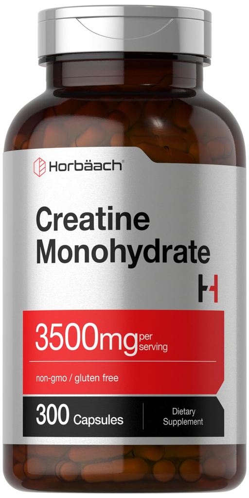 Horbäach Kreatin Monohydrate kapsler | 3500 mg | 300 greve | Ikke-GMO og Glutenfri Supplement