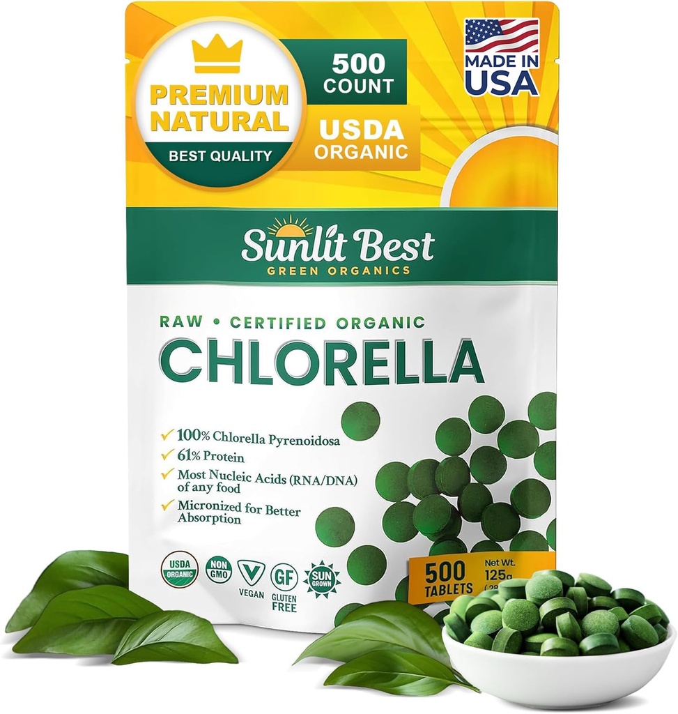 Sunlit Best USDA Økologisk Premium Chlorella Tabletter 500 Faner 100% ren klorella Supermat Supplement Høyt i Protein, Klorophyll, Vitaminer, & Mineraler støtter god helse, velvære og gjenoppretting