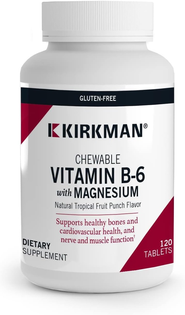 Kirkman - Vitamin B6 med magnesium - 120 tabletter - Potent Vitamin B6 & Magnesium Tilskudd - Chewable Wafer - Hypoallergenic