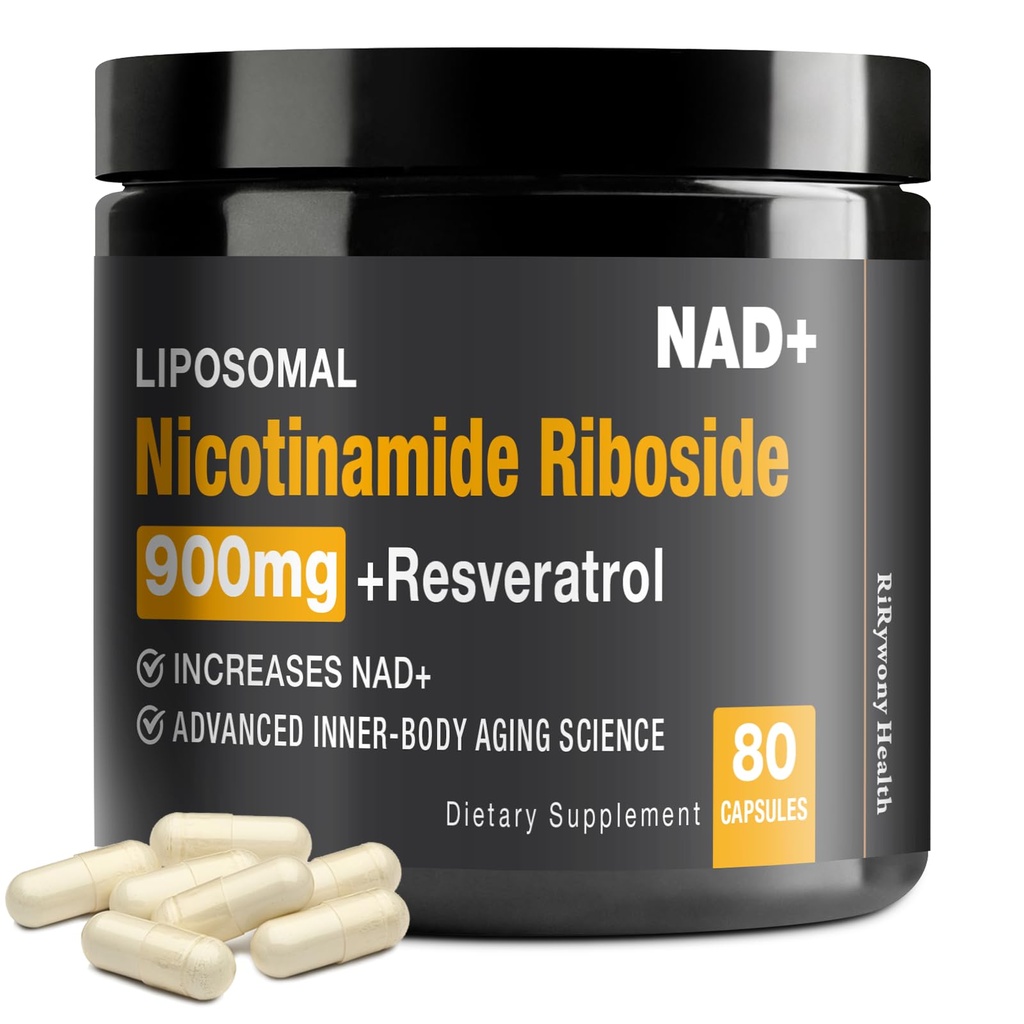 NAD Supplement - NAD+ med Nikotinamid Riboside (NR) og Resveratrol Quercetin 900mg ren organisk NAD Plus for cellular reparasjon sunn aldring hjernefunksjon, 80 kapsler