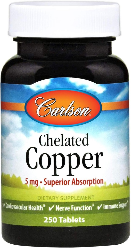 Carlson - Chelated Copper, 5 mg, Superior Absorpsjon, Sirkulasjon Helse, Nervefunksjon & Immunstøtte, 250 tabletter