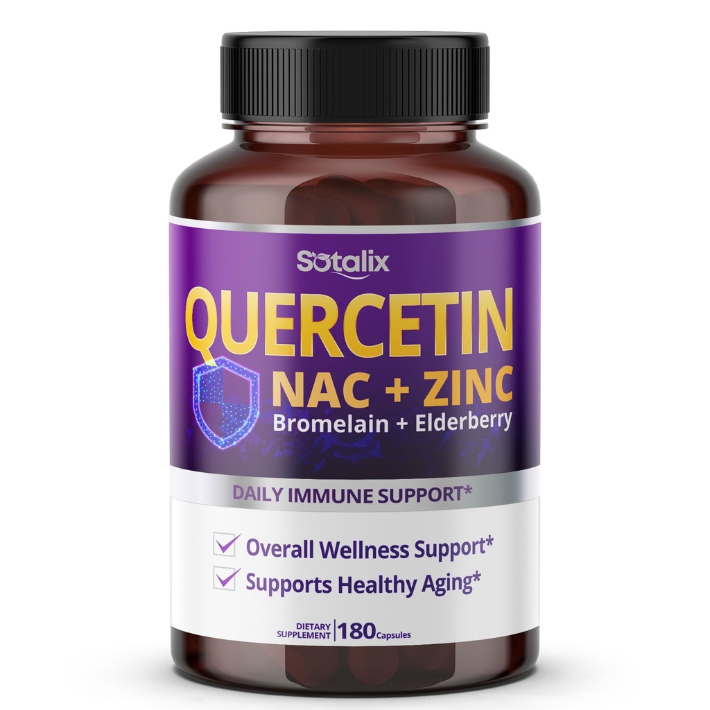 SOTALIX Supplement Premium Quercetin 98% høy renhet med Bromelain, sink, vitamin D3 2000 IU, eldrebær - Cardiovaskulær respirasjon immunstøtte for voksne barn - 180 dagers forsyning