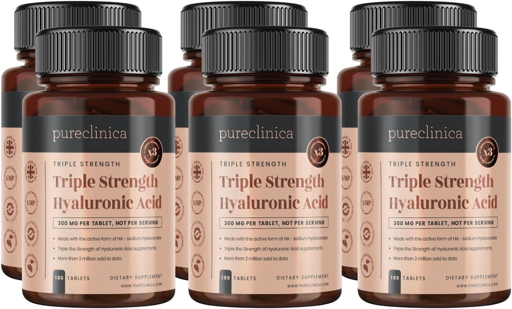 renclinica Hyaluronsyre 300mg x 1080 tabletter (6 flasker med 180 tabletter - 3 år forsyning). Trippel styrke hyaluronsyre. 300% sterkere enn noen annen HLA tablett